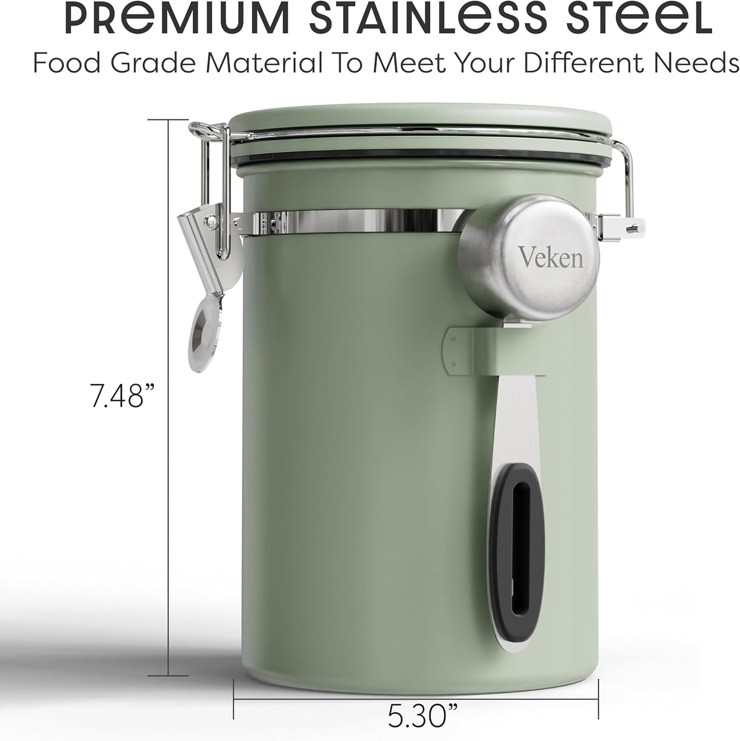 Veken Coffee Canister - Airtight Stainless Steel Container with Window | 22oz Green for Grounds, Beans, Tea, and More