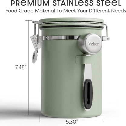 Veken Coffee Canister - Airtight Stainless Steel Container with Window | 22oz Green for Grounds, Beans, Tea, and More