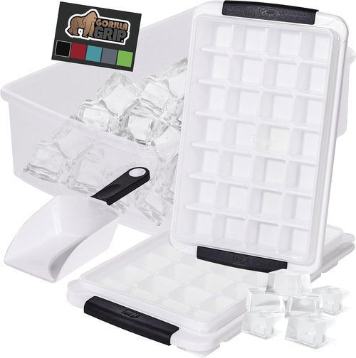 GORILLA GRIP Ice Cube Tray - BPA-Free, Easy Release, 56 Cubes, 2 Stackable Trays with Lid & Scooper | Black