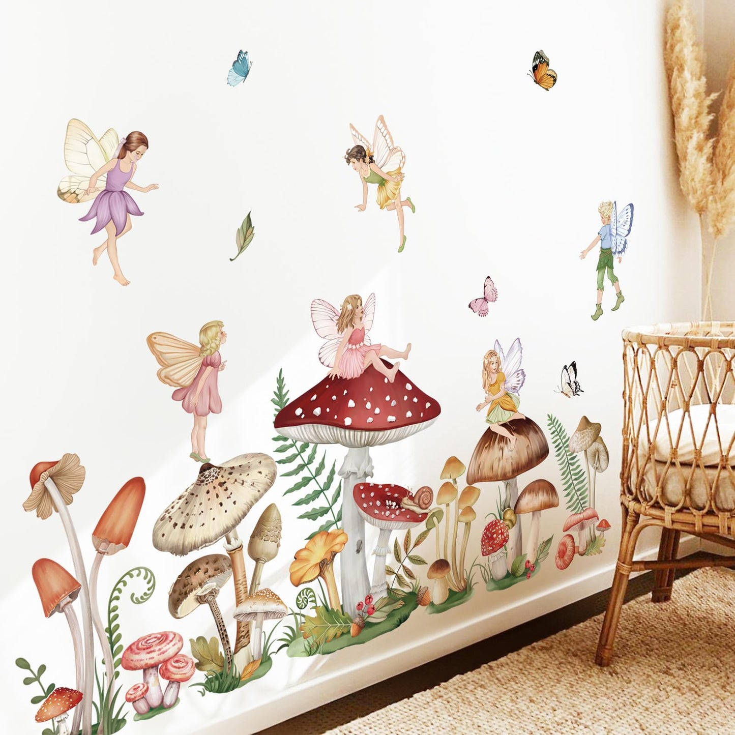 wondever Woodland Mushroom Wall Decals Fairy Butterfly Forest Peel and Stick Wall Art Stickers for Girls Bedroom Baby Nursery Living Room