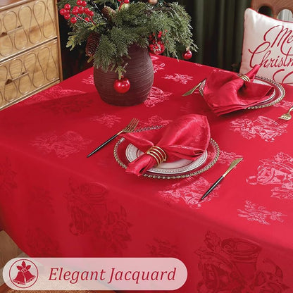 Rectangle Christmas Tablecloth 60x102 In - Jingle Bell Holly Damask, Red, Stain Resistant, Washable, Premium Polyester