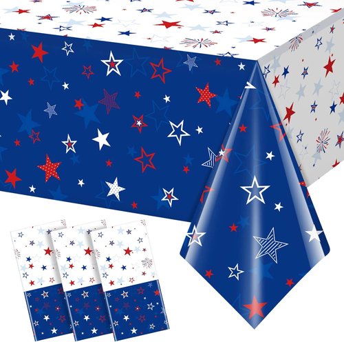 Jectivs Patriotic Tablecloths - 3 Pack Independence Day Decor | 54 x 108 Inch Plastic Covers with Stars & Fireworks
