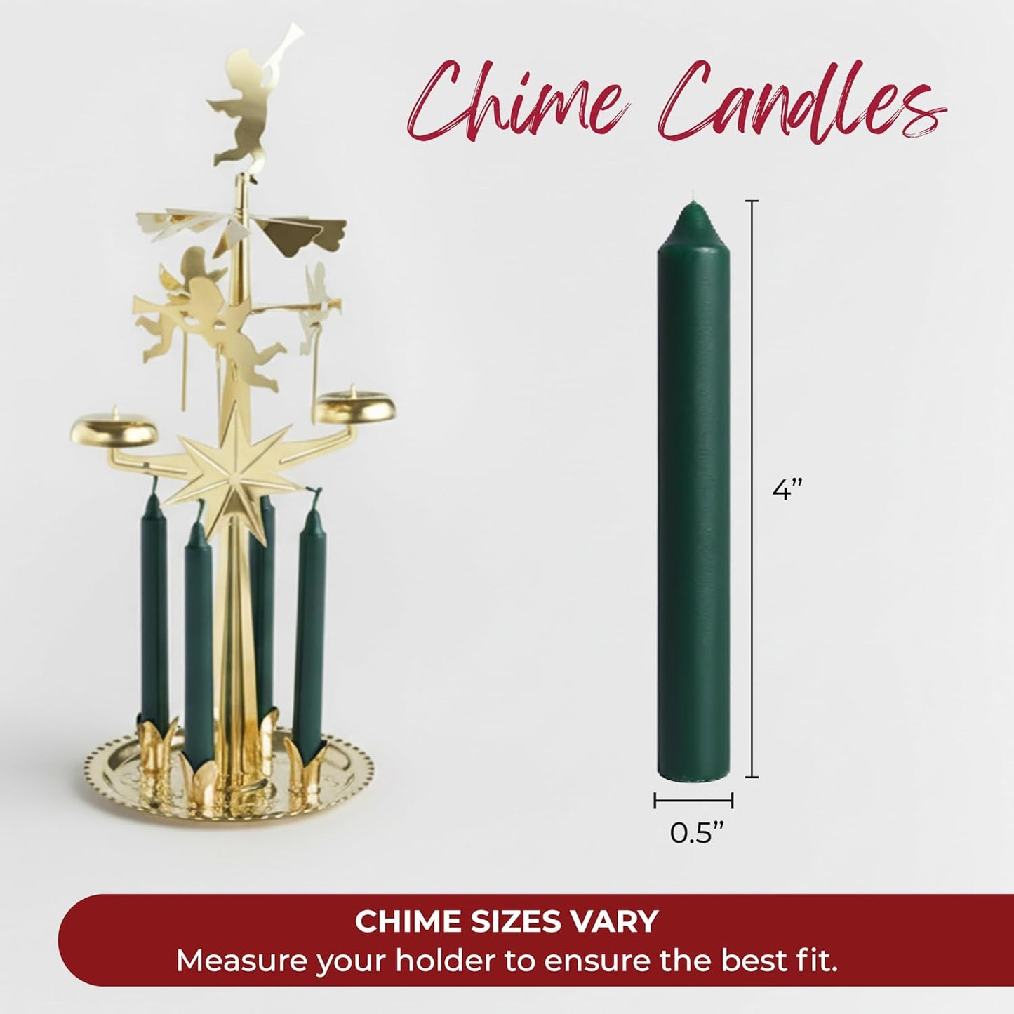 Biedermann & Sons Unscented Tree & Chime Candles - Long Burning, Pine Green, 4 Inch Tall | Set of 20