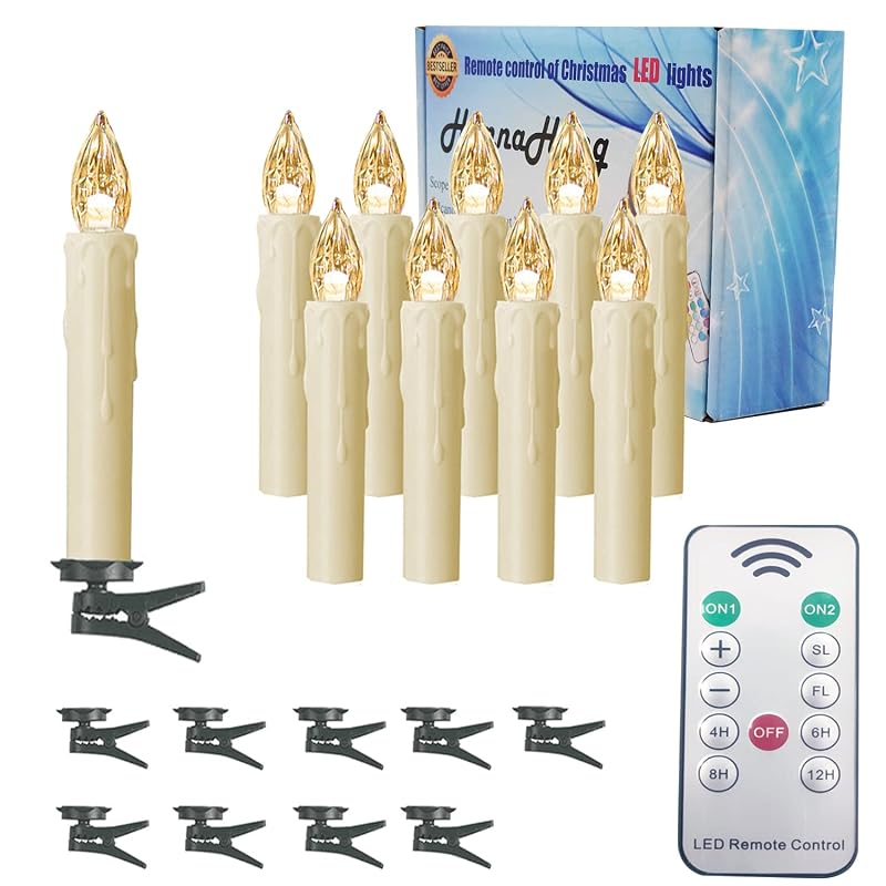 LED Flameless 10-Piece Taper Candles with Remote – Dimmable, Battery Operated, Clip-on for Wreaths and Candelabras