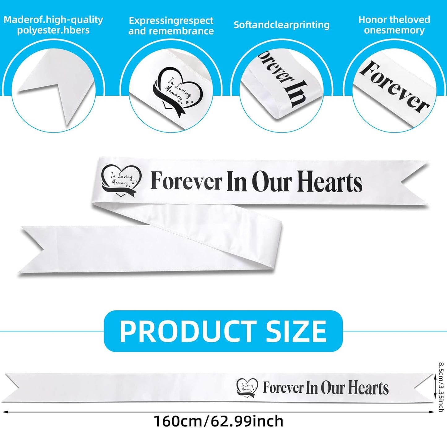 Regine Switzerland Elegant Funeral Wreath Sash - Forever in Our Hearts Memorial Ribbon for Graves & Wreaths (White)
