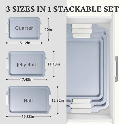 BRONYPRO Non-Stick Ceramic Baking Sheet Set - Heavy-Duty PFOA & PTFE Free Oven Trays | Set of 3, Cream