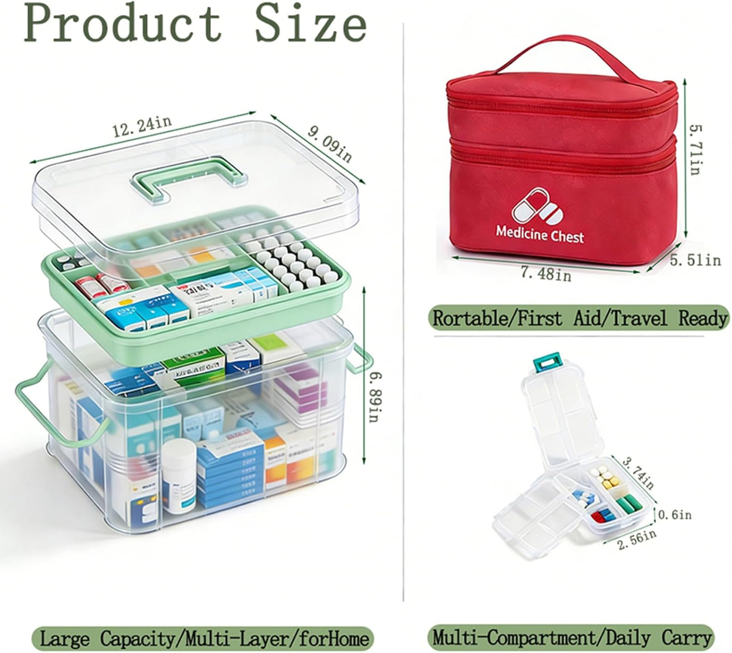 Skiennix 3-Piece Clear Medicine Organizer - Portable Multifunctional Storage Box for Home & Travel