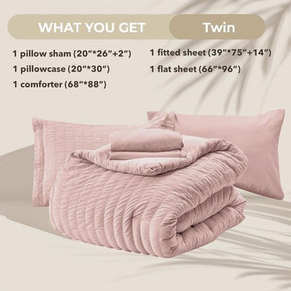 HYMOKEGE Rose Gold Twin Comforter Set Seersucker 5 Pieces, All Season Luxury Bed in a Bag Queen for Bedroom, Bedding Set with Comforter, Sheets, Pillowcase & Sham