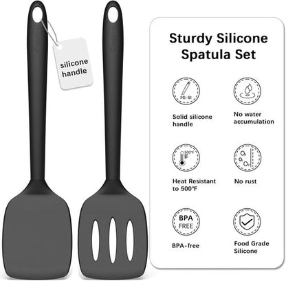 Coukre Silicone Spatula Set - High Heat Resistant, BPA Free | Solid & Slotted Turner, 2 Pack in Pure Black