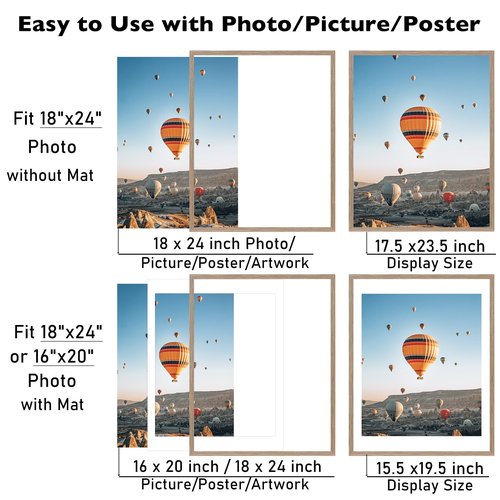 JCJMY 18x24 Picture Frame with 16x20 Mat, Display Photo 16x20 with Mat or 18 x 24 Without Mat, Wall Hanging Large 18 by 24 Poster Frame with Plexiglass, Rustic Brown