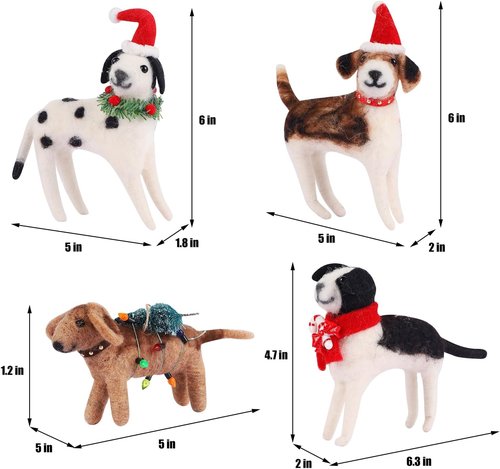 Juegoal Christmas Felt Dog Ornaments - Set of 4 Cute Wool Puppy Decorations for Holiday Wreaths & Trees