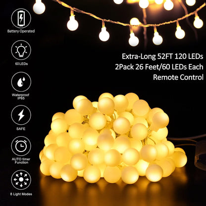 Skiennix Battery Operated LED Globe String Lights | 52FT Total, 120 LEDs, Waterproof, 8 Modes for Home & Garden Decor