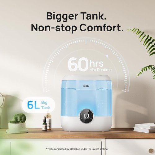 DREO 6L Top Fill Humidifier - 60H Runtime, Quiet 28 dB Cool Mist for Large Rooms & Nurseries