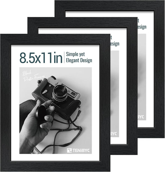 Black Woodgrain Picture Frame Set of 3 by Skiennix - Solid Wood & HD Tempered Glass for Table Display or Wall Hanging