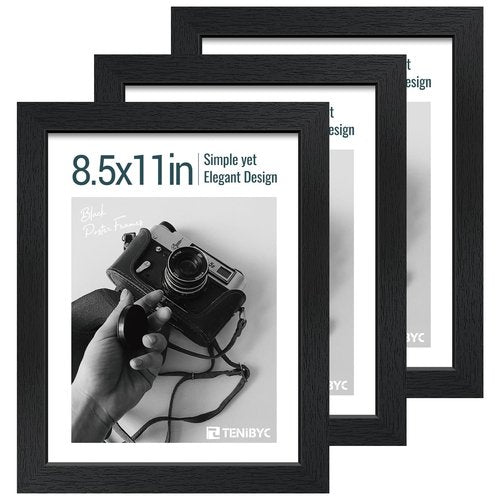TENIBYC 8.5 by 11 Picture Frame Set of 3 - Black Woodgrain, Solid Wood & HD Tempered Glass, Table Display or Wall Hanging