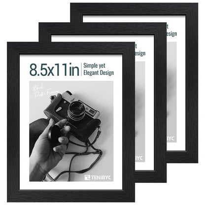 TENIBYC 8.5 by 11 Picture Frame Set of 3 - Black Woodgrain, Solid Wood & HD Tempered Glass, Table Display or Wall Hanging