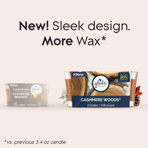 Glade 1-Wick Scented Candle Jar - Cashmere Woods Air Freshener with Essential Oils | 4.08 Oz, 2 Count