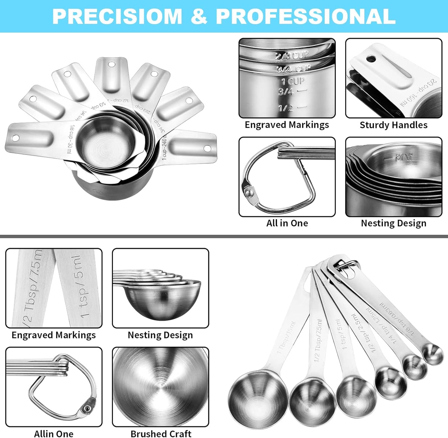 Skiennix 20-Piece Measuring Cups and Spoons Set - Stainless Steel & Plastic for Accurate Cooking & Baking
