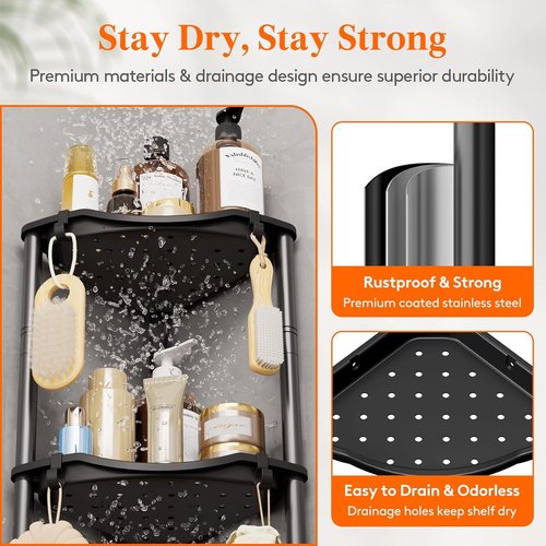 Lifewit Shower Caddy - 4-Tier Rustproof Bathroom Organizer with Adjustable Feet & Hooks | Black, 34 x 24 x 107 cm