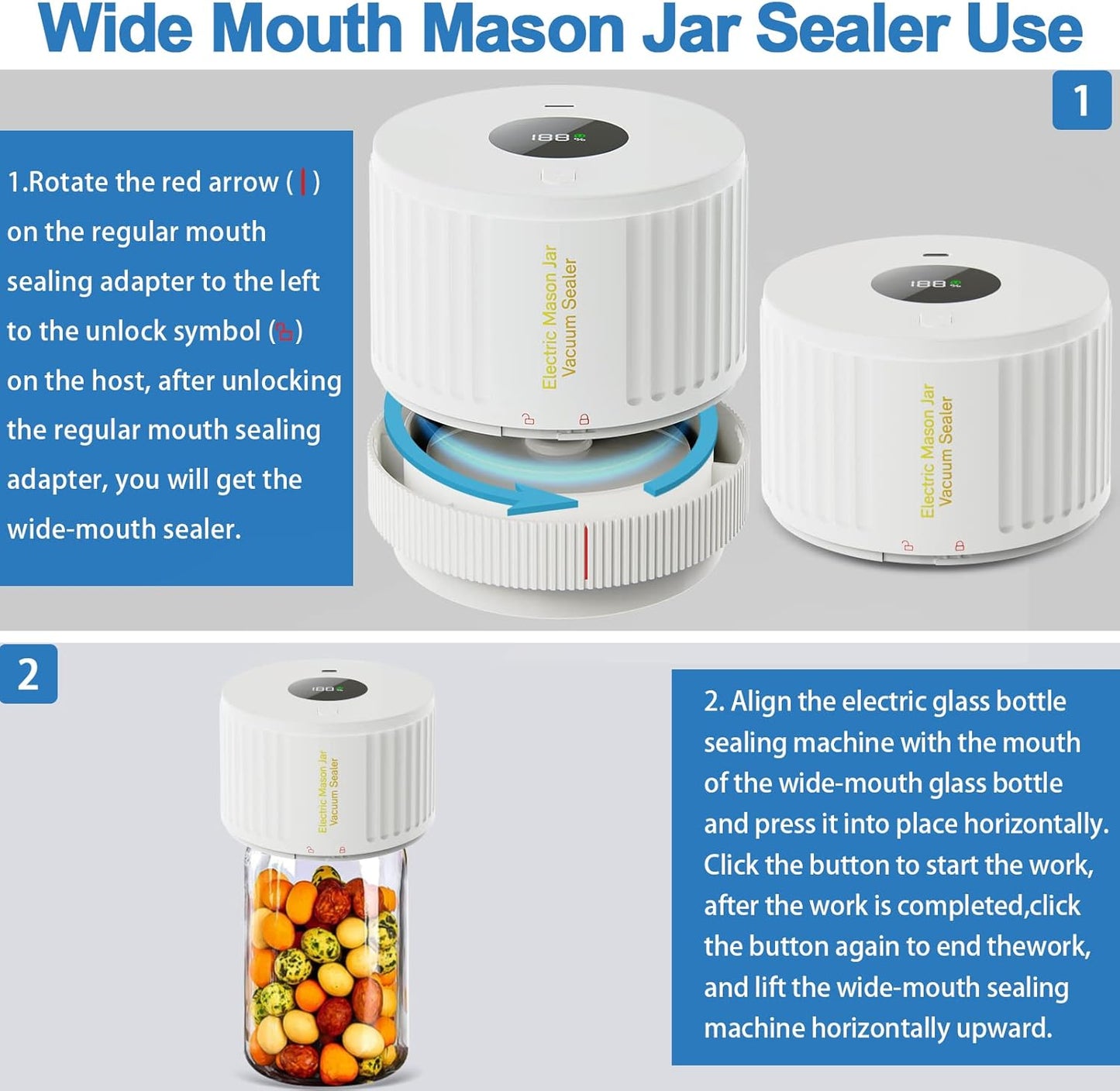 Skiennix Electric Mason Jar Vacuum Sealer Kit - Ideal for Wide & Regular Mouth Jars - White