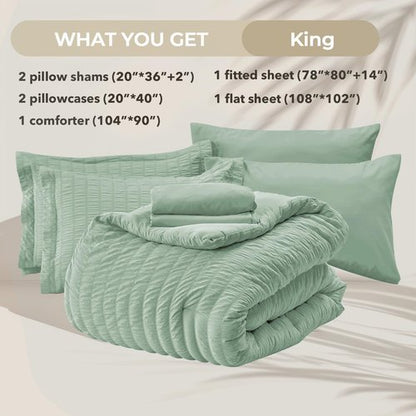 HYMOKEGE Sage Green King Size Comforter Set Seersucker 7 Pieces, All Season Luxury Bed in a Bag for Bedroom, Bedding Set with Comforters, Sheets, Pillowcases & Shams