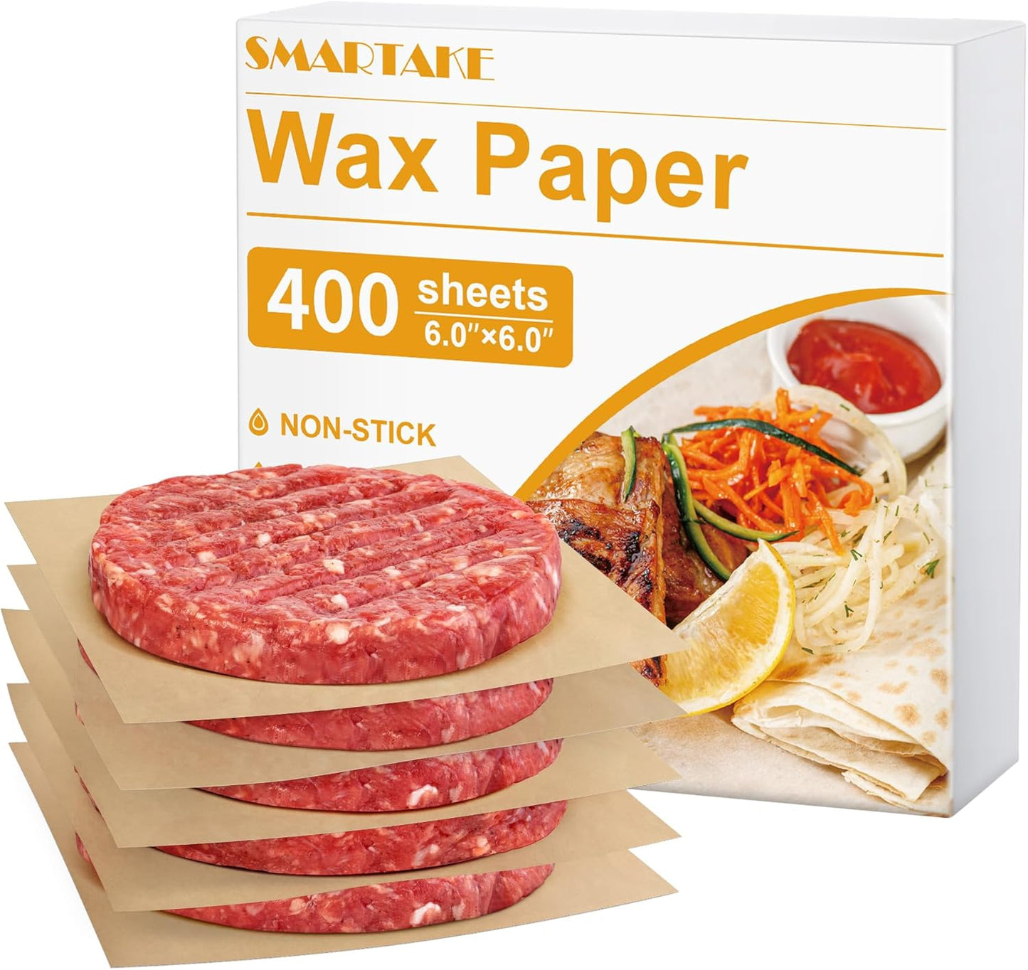 SMARTAKE Wax Paper - 400 Pcs Non-Stick Hamburger Patty Sheets | 6 x 6 Inches for Food, Parties & Picnics