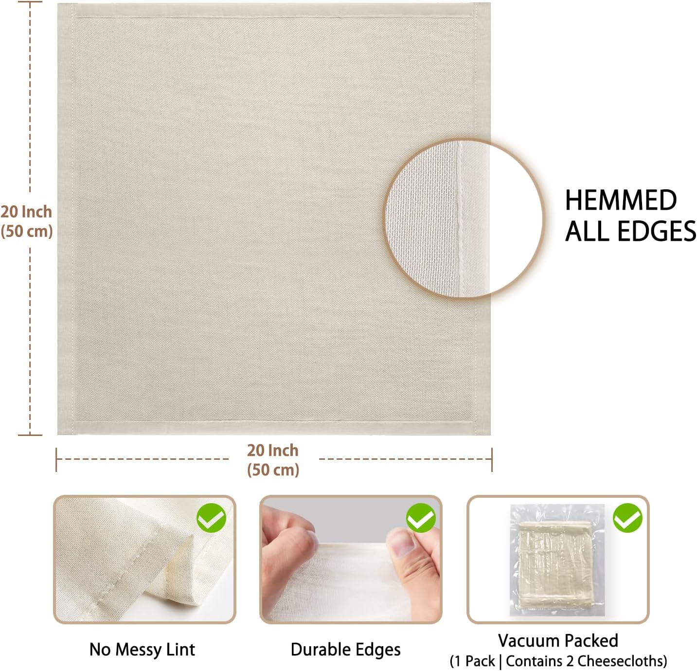 Olicity Cheese Cloths - Reusable Double-Layer 20x20 Inch Unbleached Cotton Straining Bags | 2PCS Fine Mesh Muslin