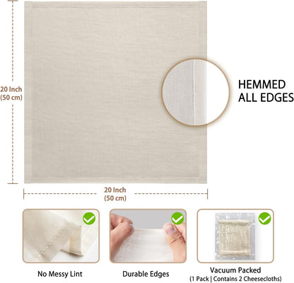 Olicity Cheese Cloths - Reusable Double-Layer 20x20 Inch Unbleached Cotton Straining Bags | 2PCS Fine Mesh Muslin