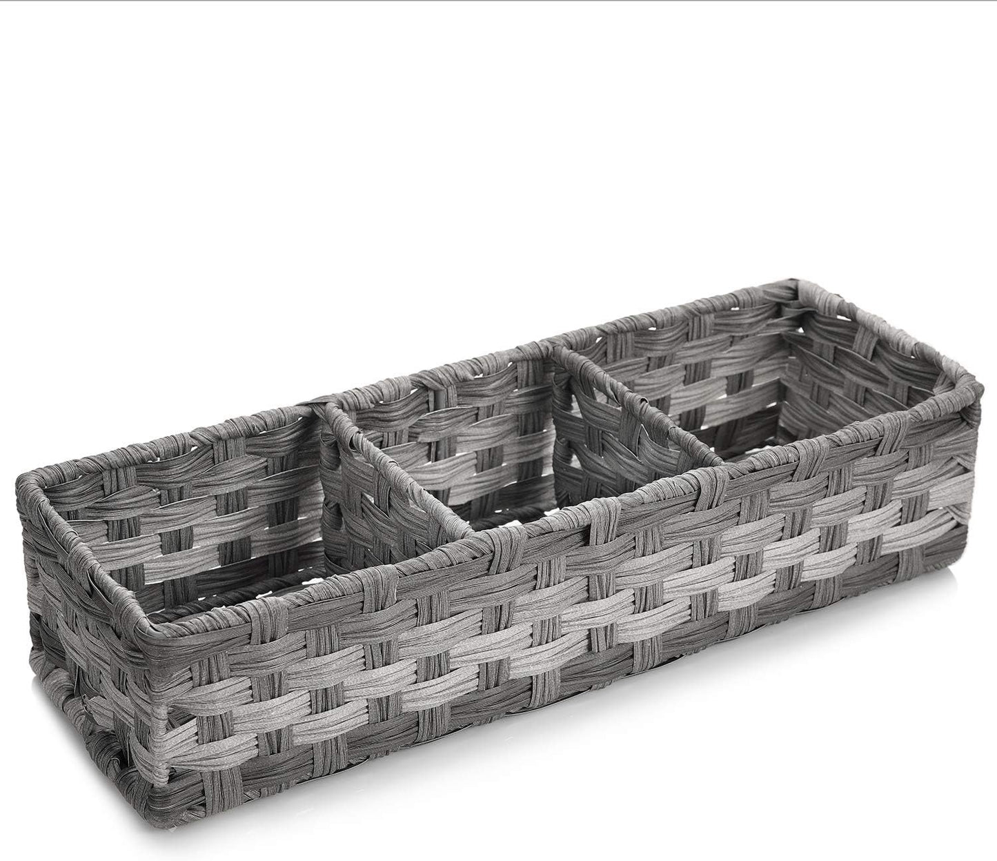Toilet Tank Topper Paper Basket - Hand Woven Plastic Wicker Organizer with Divider | Rustic Grey Bathroom Decor
