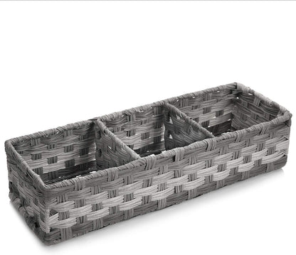 Toilet Tank Topper Paper Basket - Hand Woven Plastic Wicker Organizer with Divider | Rustic Grey Bathroom Decor
