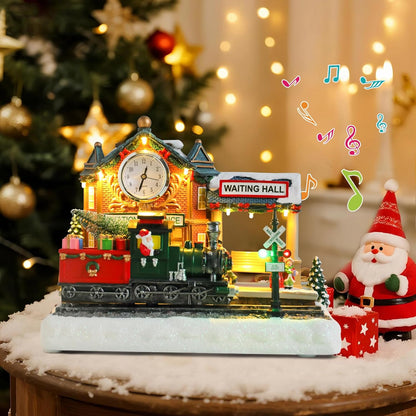 VCUTEKA Animated Christmas Village Train Station - Lighted Musical Santa Decor for Holiday Display