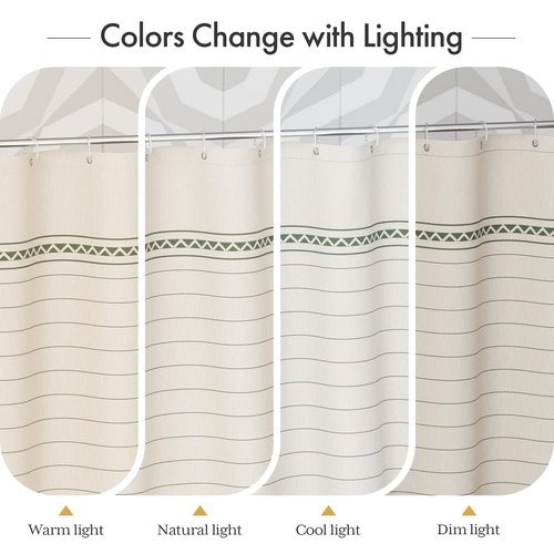 AmazerBath Boho Shower Curtain, Modern Farmhouse Shower Curtain Set with Tassels, Rustic Faux Linen Green Striped Shower Curtain with Hooks, Light Tan Toned, 72x72 Inches