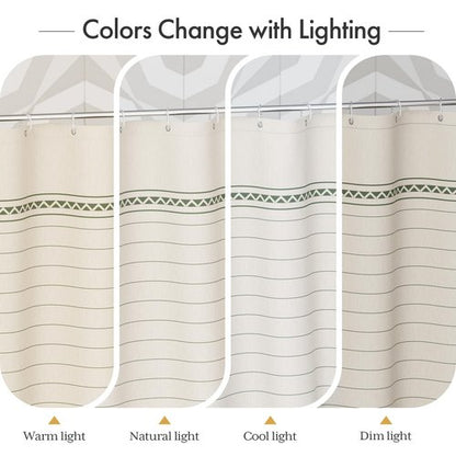 AmazerBath Boho Shower Curtain, Modern Farmhouse Shower Curtain Set with Tassels, Rustic Faux Linen Green Striped Shower Curtain with Hooks, Light Tan Toned, 72x72 Inches