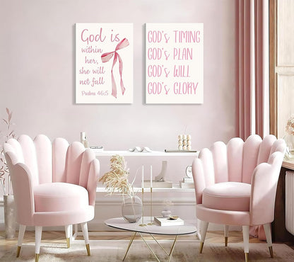 Coquette Pink Bow Canvas Wall Art - Inspirational Bible Verses for Girls' Room Decor | 12"x16" Framed
