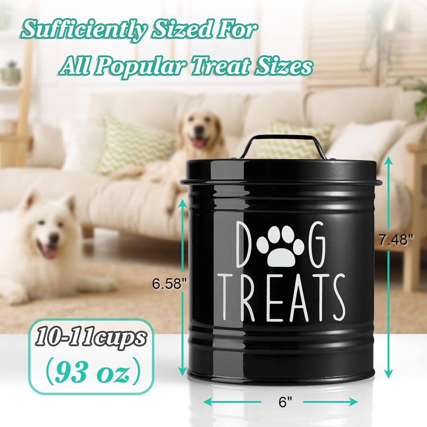 OUTNILI Dog Treat Container - Airtight Black Jar for Kitchen | 6.6" Tall X 6" Round, Rustic Storage for Pets
