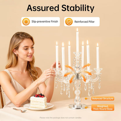 Skiennix Glass Candle Holder - 7-Arm 14 Inch Clear Candelabra Centerpiece for Weddings & Parties