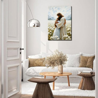 Jesus Hugging Girl Canvas Wall Art - Modern Christian Healing Embrace | 12x16in Decor for Home