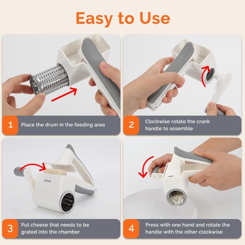 Cheese Grater Hand Crank, UHIYEE Rotary Parmesan Cheese Grater Cheese Shredder Handheld with Fine & Coarse Drums, Restaurant Cheese Grater Grinder with Handle for Hard Cheese Chocolate Nuts