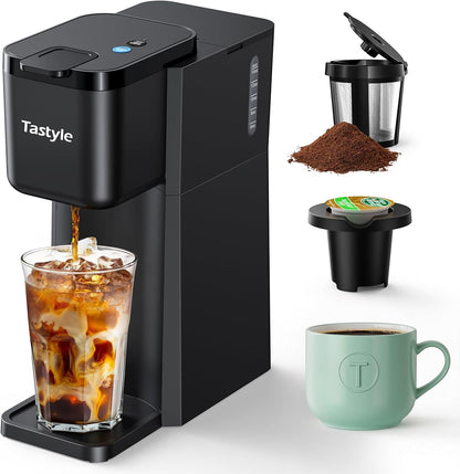Mini Coffee Maker by [Brand Name] - Hot & Iced Single Serve for K-Cup & Ground Coffee | 6-14 Oz Brew Sizes, Classic Black