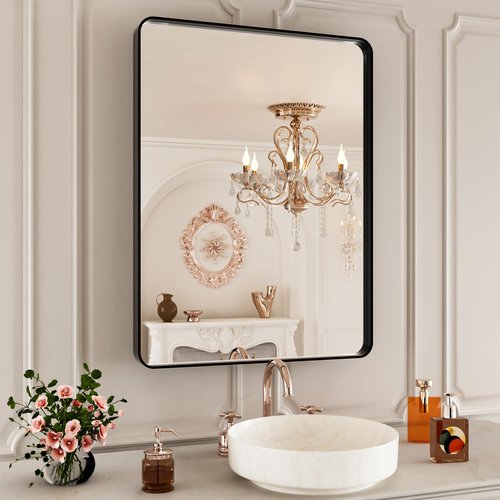 ISTRIPMF 22x30 Inch Black Bathroom Mirror,Rectangle Wall Mirror for Bathroom,Round Corner Matte Black Metal Framed Mirror(Horizontal/Vertical)