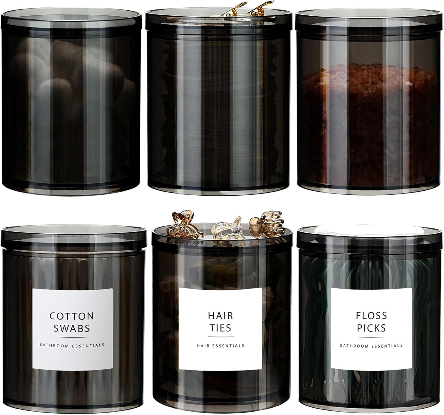 SheeChung Qtip Holder & Black Apothecary Jars Set - Bathroom Storage Organizer for Cotton Swabs & Makeup Sponges | Mixed Sizes (10oz & 12oz)