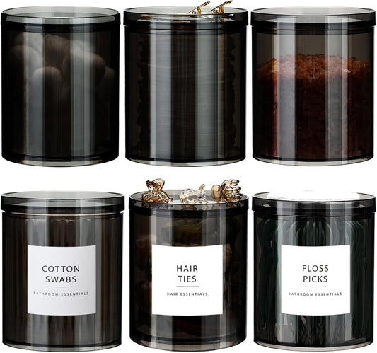 SheeChung Qtip Holder & Black Apothecary Jars Set - Bathroom Storage Organizer for Cotton Swabs & Makeup Sponges | Mixed Sizes (10oz & 12oz)