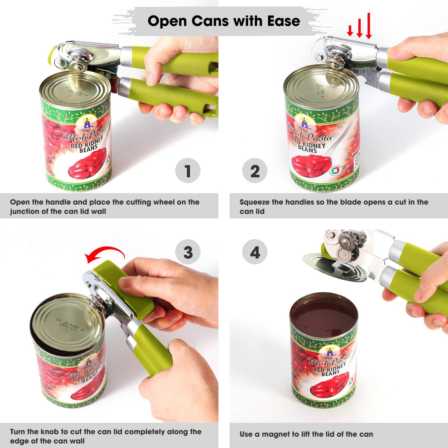 Can Opener Manual, Can Opener with Magnet, Hand Can Opener with Sharp Blade Smooth Edge, Handheld Can Openers with Big Effort-Saving Knob, Can Opener with Multifunctional Bottles Opener, Lime Green