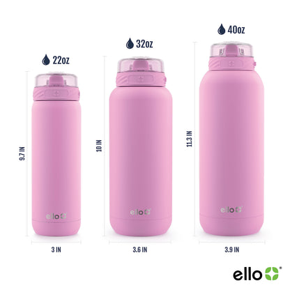 Ello Cooper 22oz Stainless Steel Water Bottle with Straw and Carry Handle, Double Walled and Vacuum Insulated Metal, Leak Proof Locking Lid with Soft Silicone Spout, Reusable, BPA Free, Bubblegum