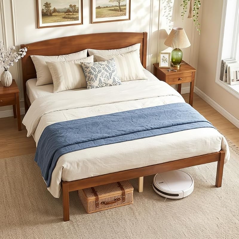 KOMFOTT Full Size Bed Frame with Curved Headboard – Walnut Variation