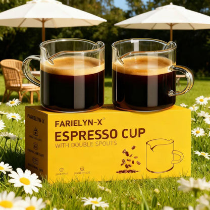 Skiennix Espresso Cups Set - 5 Oz Double Spout Shot Glasses with Handle | Clear Glass Coffee Accessories