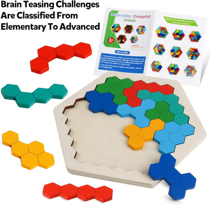 Skrtuan Wooden Blocks Puzzle - Hexagon Brain Teaser for Kids & Adults | STEM Educational Toy