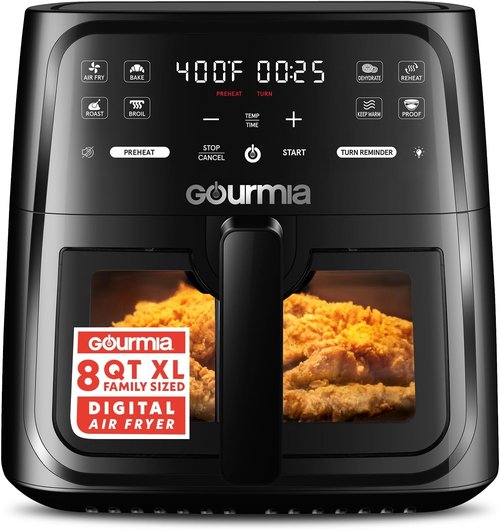 Gourmia 8 Qt Air Fryer - Digital Display with 8 Presets & Easy View Window | Dishwasher Safe, Black