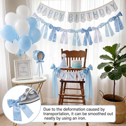 VitalCozy Blue Bow Garland - Pre-Strung Satin Ribbon Decor for Coquette Party & Bridal Showers