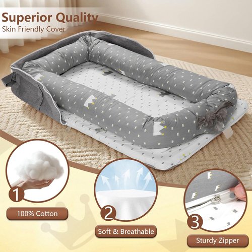 Baby Lounger by Crown | Portable Infant Lounger for Newborns to Toddlers 0-24 Months - Breathable Cotton, Adjustable Size & Travel Strap